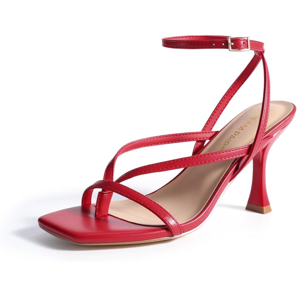 imageDREAM PAIRS Womens Low Kitten Heels Strappy Design with Lace Up Open Square Toe Thong Ankle Strap Shoes Fashionable Sexy Sylvestra Heeled Sandals for Dressy OccasionsRed