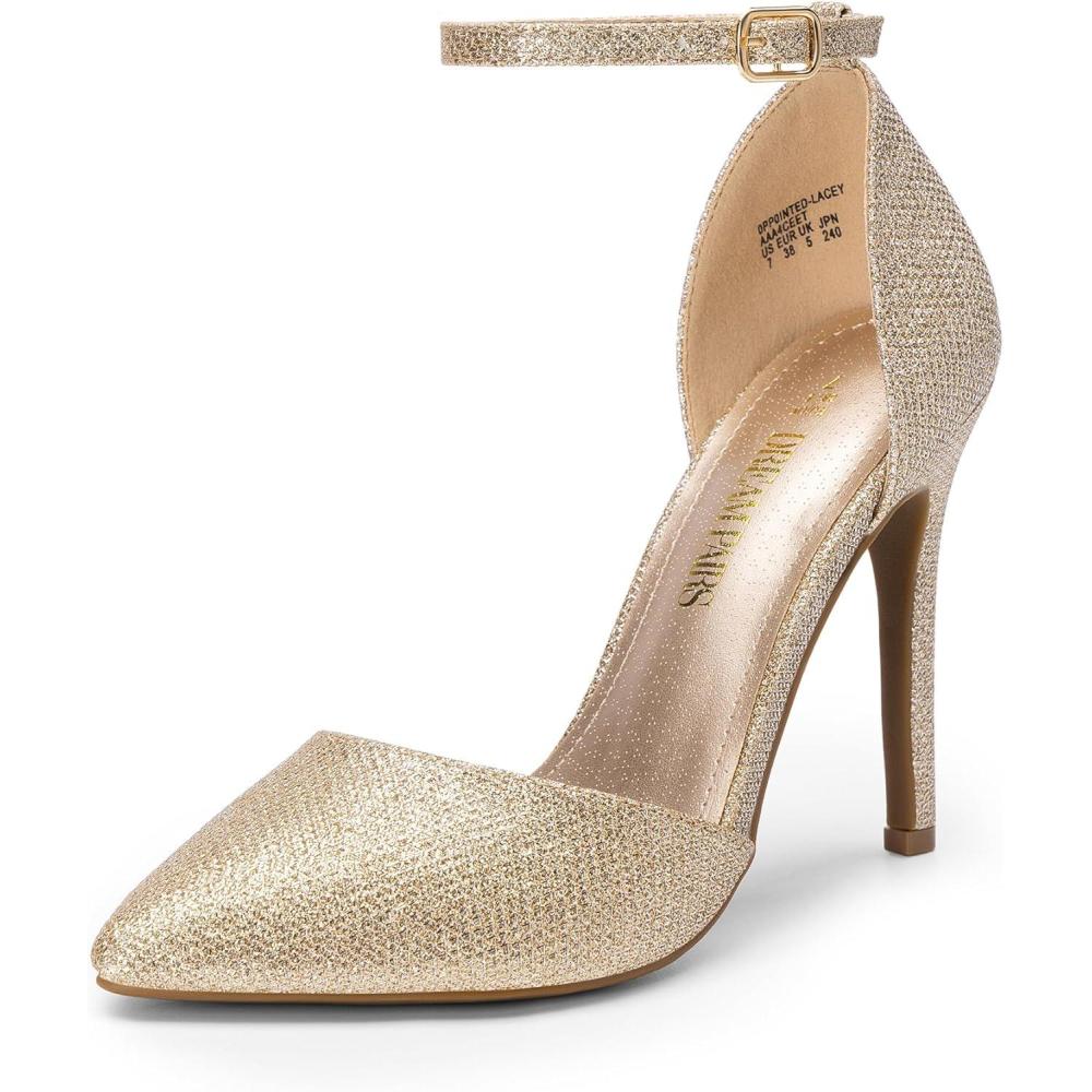 imageDREAM PAIRS Womens OppointedLacey Pointed Toe Ankle Strap High Heel Stiletto Pumps Wedding Dress ShoesGoldGlitter