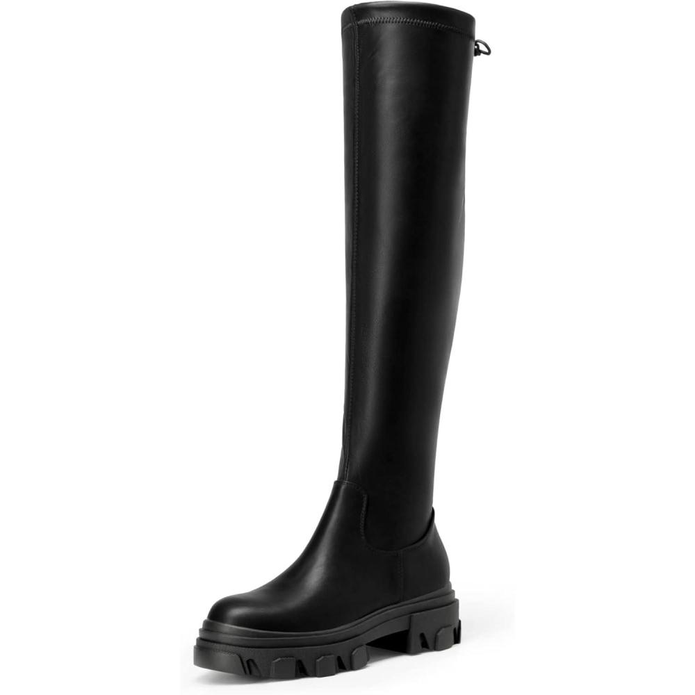 imageDREAM PAIRS Womens Over The Knee Platform Thigh High Boots Long Stretch Soft Chunky Lug Sole Fall BootsBlackPu