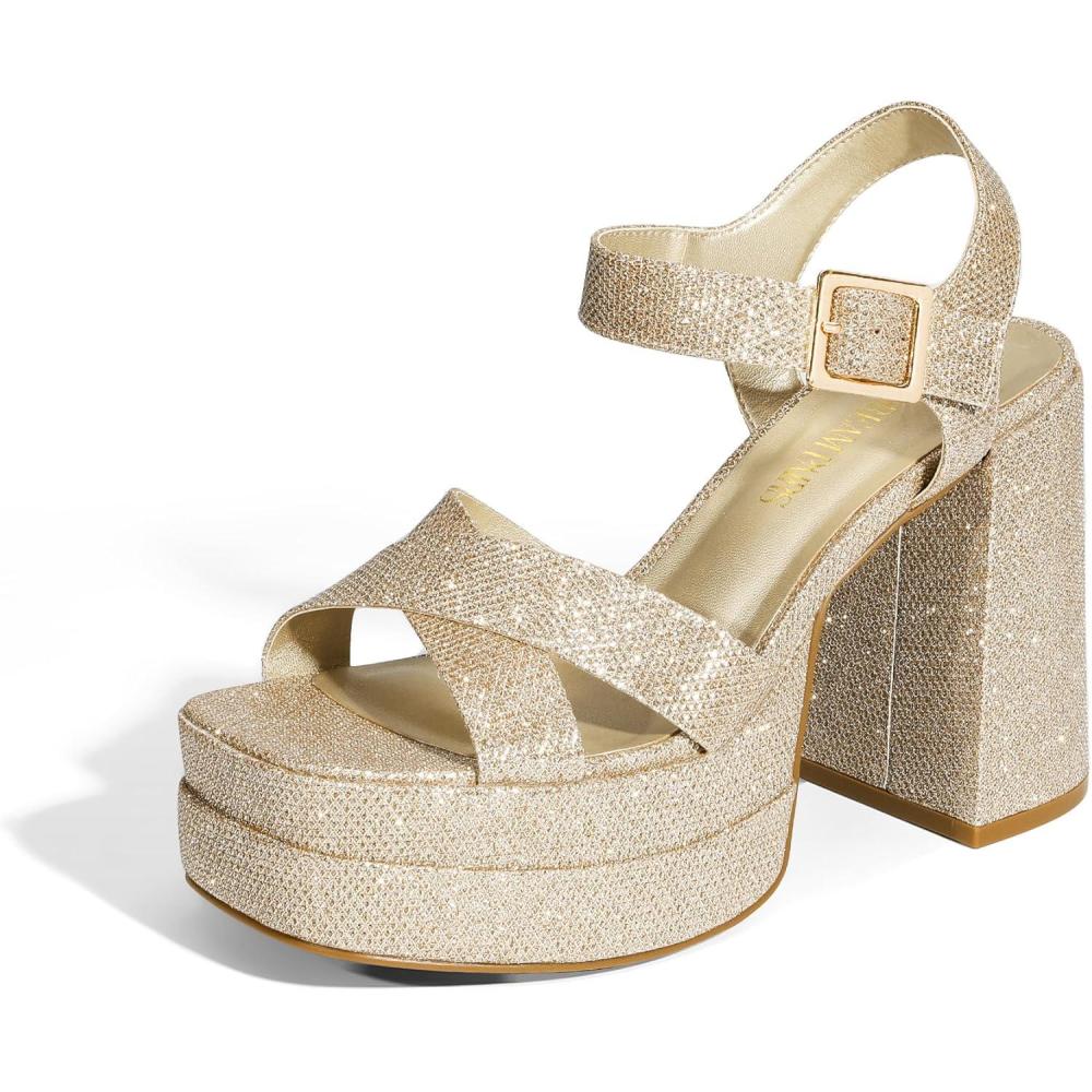 imageDREAM PAIRS Womens Platform Chunky Heels Square Open Toe Ankle Strap High Heeled Sandals Y2K Shoes for Party BrunchGoldglitter