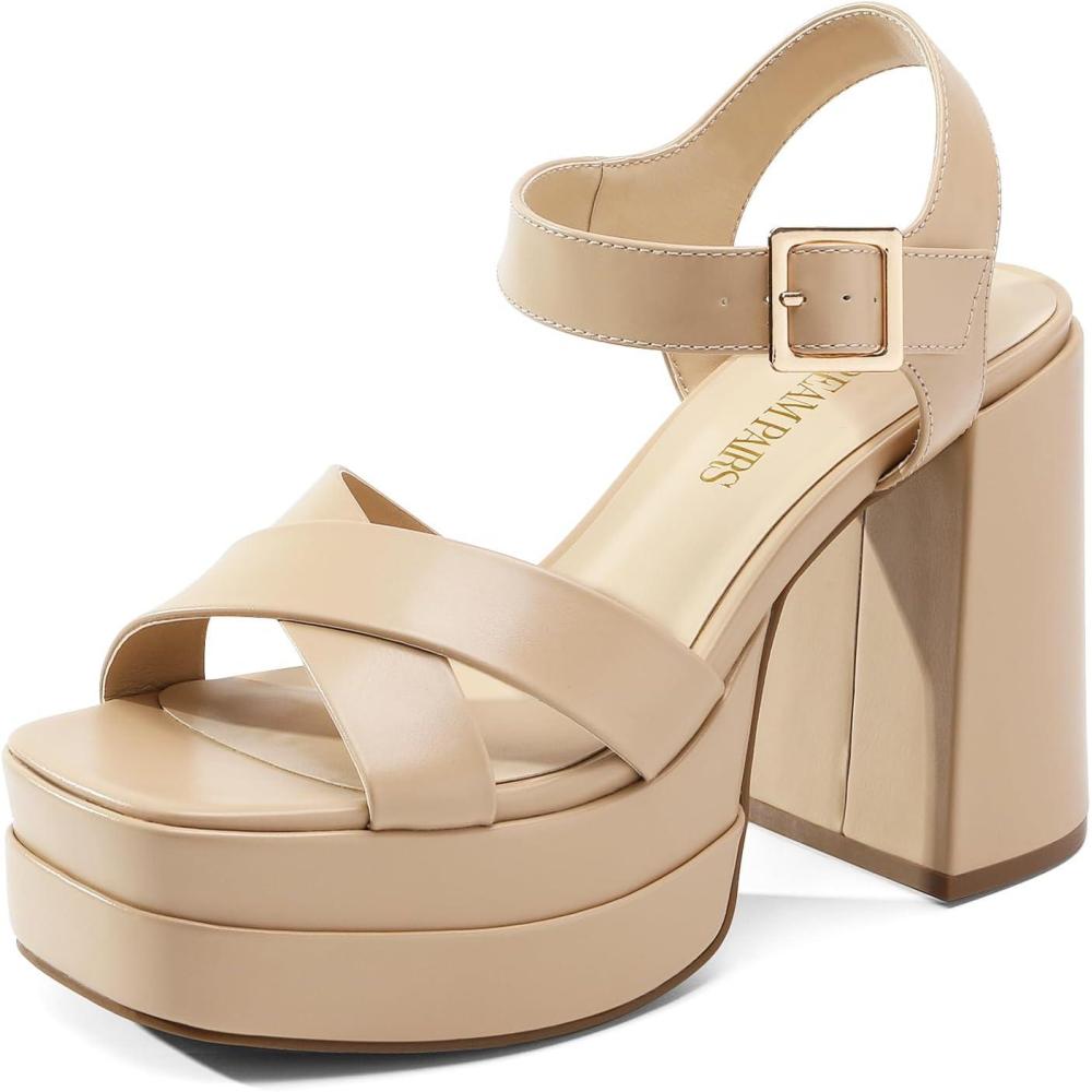 imageDREAM PAIRS Womens Platform Chunky Heels Square Open Toe Ankle Strap High Heeled Sandals Y2K Shoes for Party BrunchNude