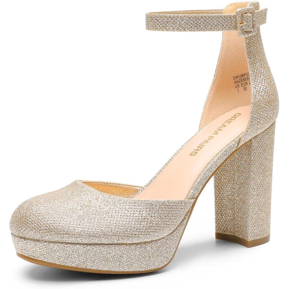 imageDREAM PAIRS Womens Platform Chunky High Heels Closed Toe Block Ankle Strap Dress Bridal Party Wedding ShoesGold