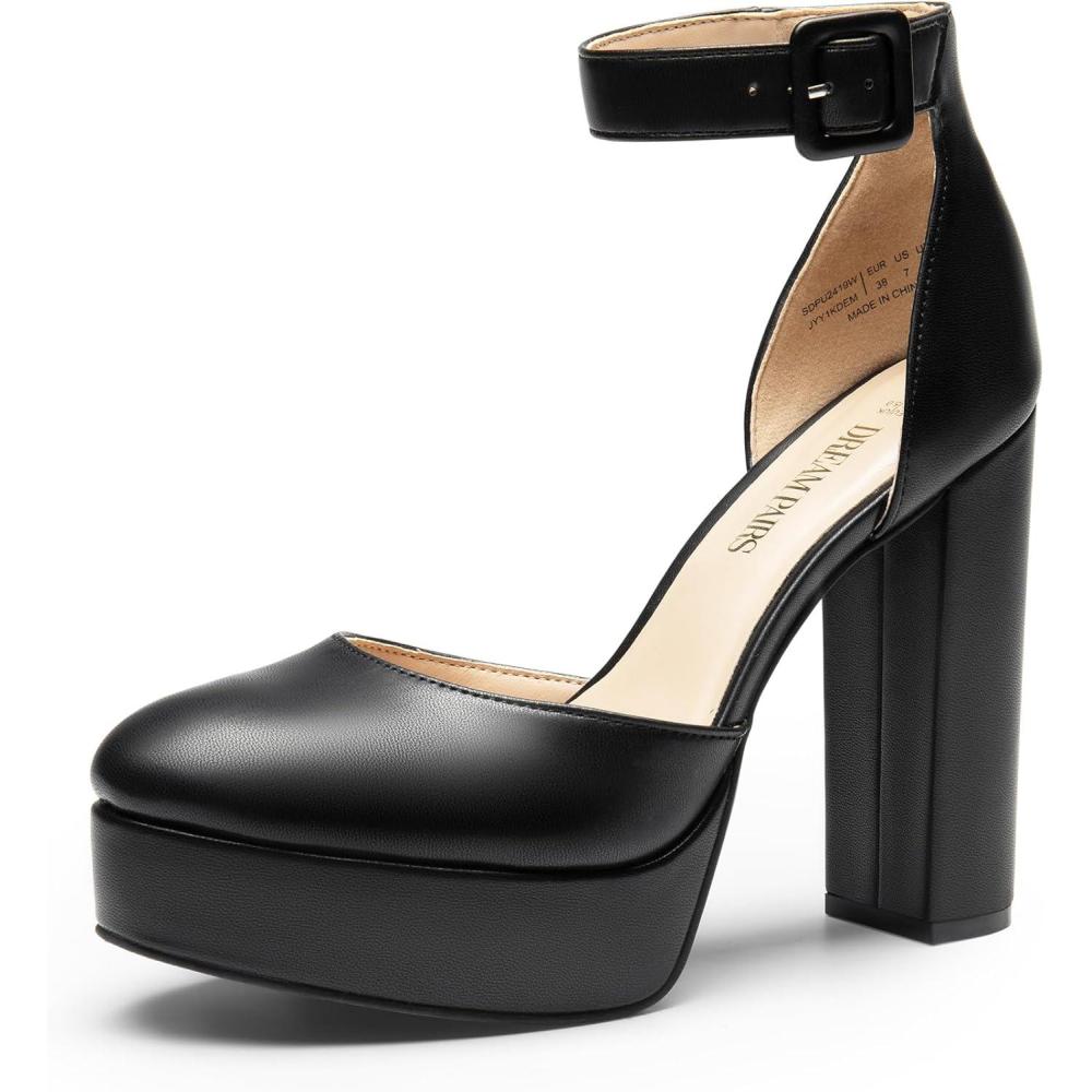 imageDREAM PAIRS Womens Platform High Chunky Heels Closed Toe Block Ankle Strap Dress Buckle Round Toe Wedding Party Comfortable Pumps ShoesBlackpu
