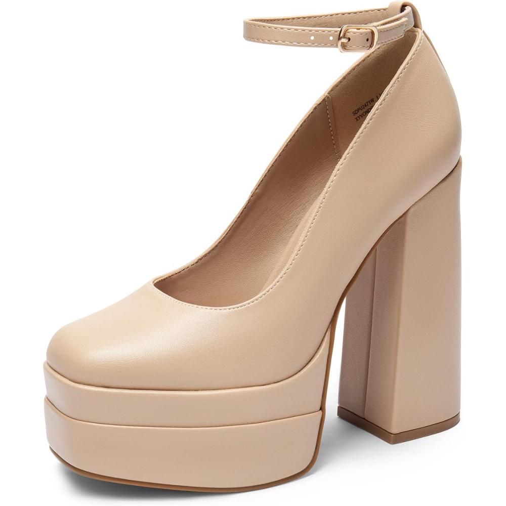 imageDREAM PAIRS Womens Platform High Heels Closed Toe Chunky Block Pumps Square Toe Ankle Strap Dress Fashion Party Y2K ShoesNudepu