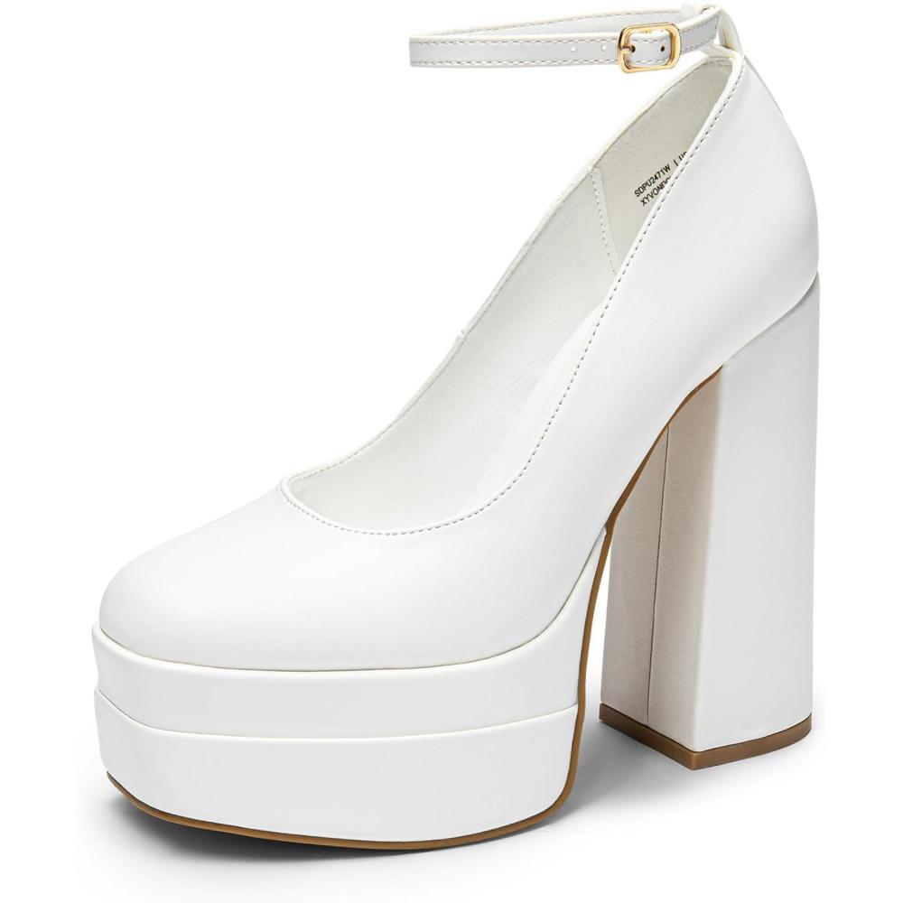 imageDREAM PAIRS Womens Platform High Heels Closed Toe Chunky Block Pumps Square Toe Ankle Strap Dress Fashion Party Y2K ShoesWhitepu