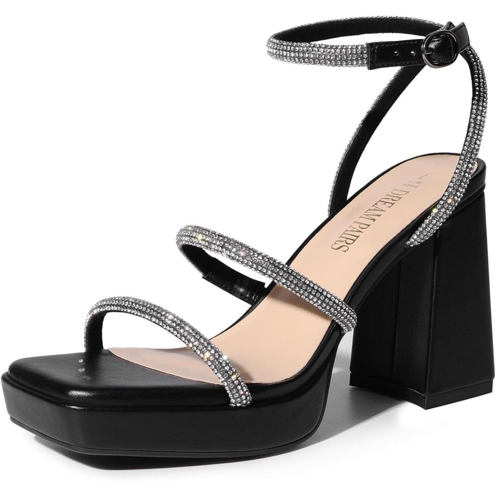 imageDREAM PAIRS Womens Platform Strappy Heels Open Toe Ankle Strap Square Party Sandals Y2K Dress ShoesBlackrhinestone