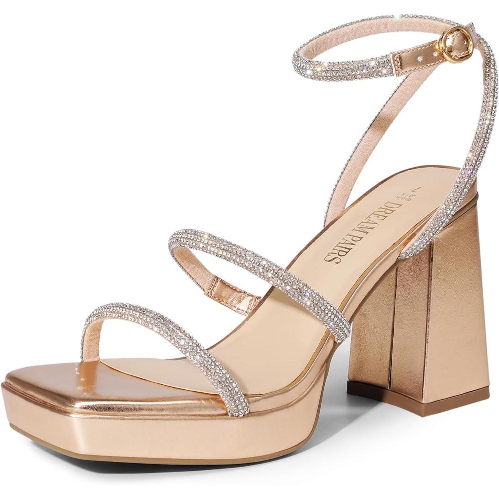 imageDREAM PAIRS Womens Platform Strappy Heels Open Toe Ankle Strap Square Party Sandals Y2K Dress ShoesChampagnerhinestone