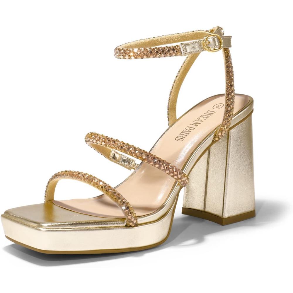 imageDREAM PAIRS Womens Platform Strappy Heels Open Toe Ankle Strap Square Party Sandals Y2K Dress ShoesGold