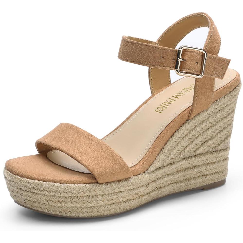 imageDREAM PAIRS Womens Platform Wedges Sandals Comfortable Open Toe Espadrilles Sandals Dressy Buckle Ankle Strap Summer ShoesCamel