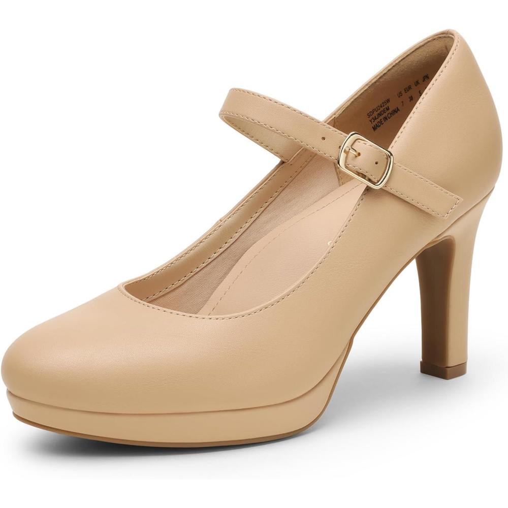 imageDREAM PAIRS Womens Pumps Close Toe Classic High Heels Round Toe Comfortable Low Platform Mary Jane Dress ShoesNude