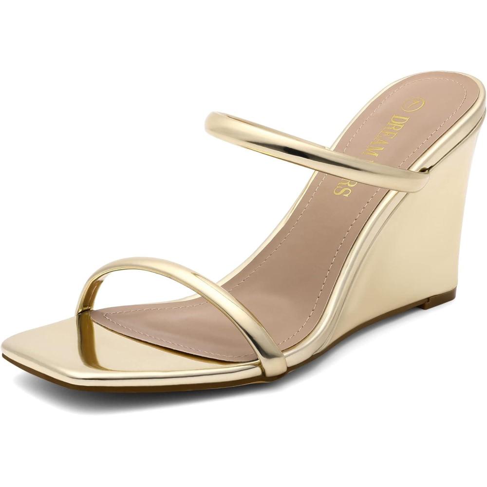 imageDREAM PAIRS Womens Slides Wedge Sandals Two Strap Square Open Toe Dress ShoesGold