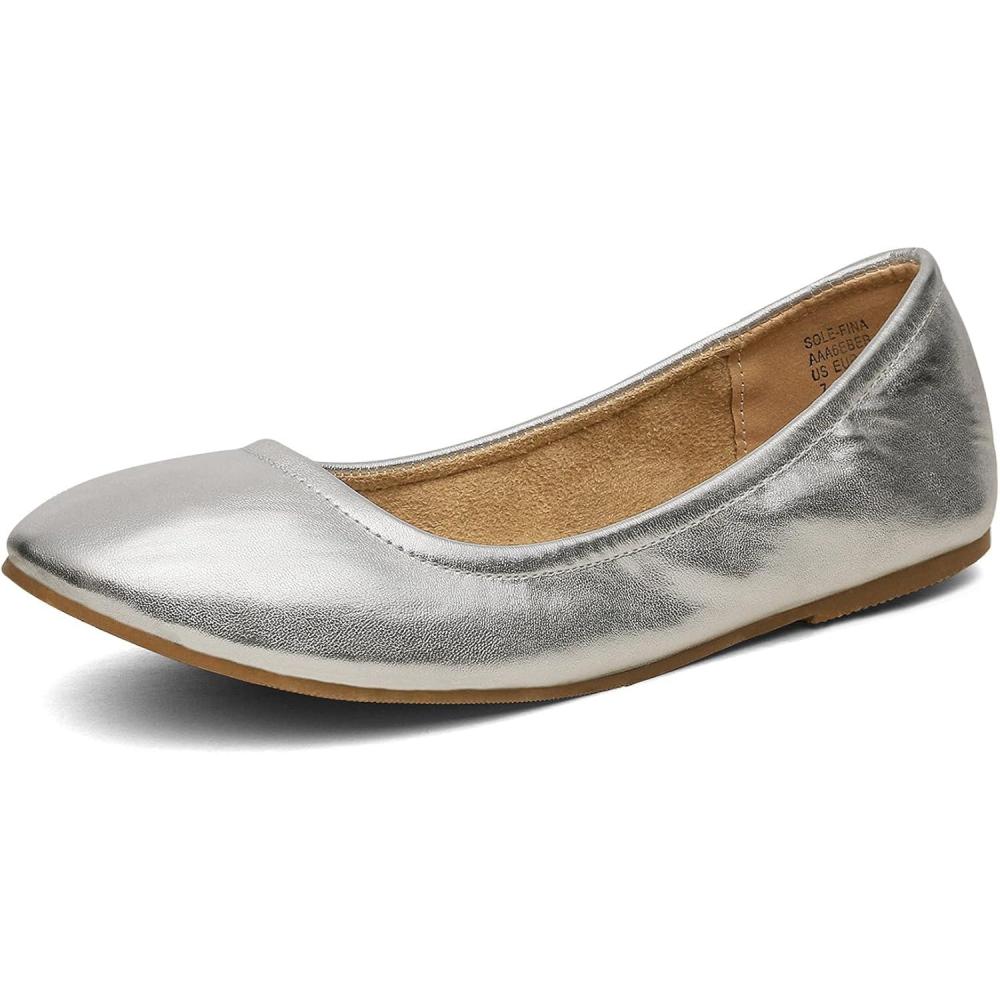 imageDREAM PAIRS Womens Solefina Solid Plain Walking Classic Ballet Flats ShoesSilverPu