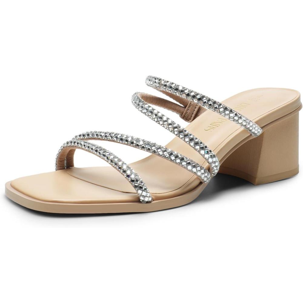 imageDREAM PAIRS Womens Strappy Heels Block Open Toe Low Heel Chunky Mules Sandals Dress ShoesNuderhinestone