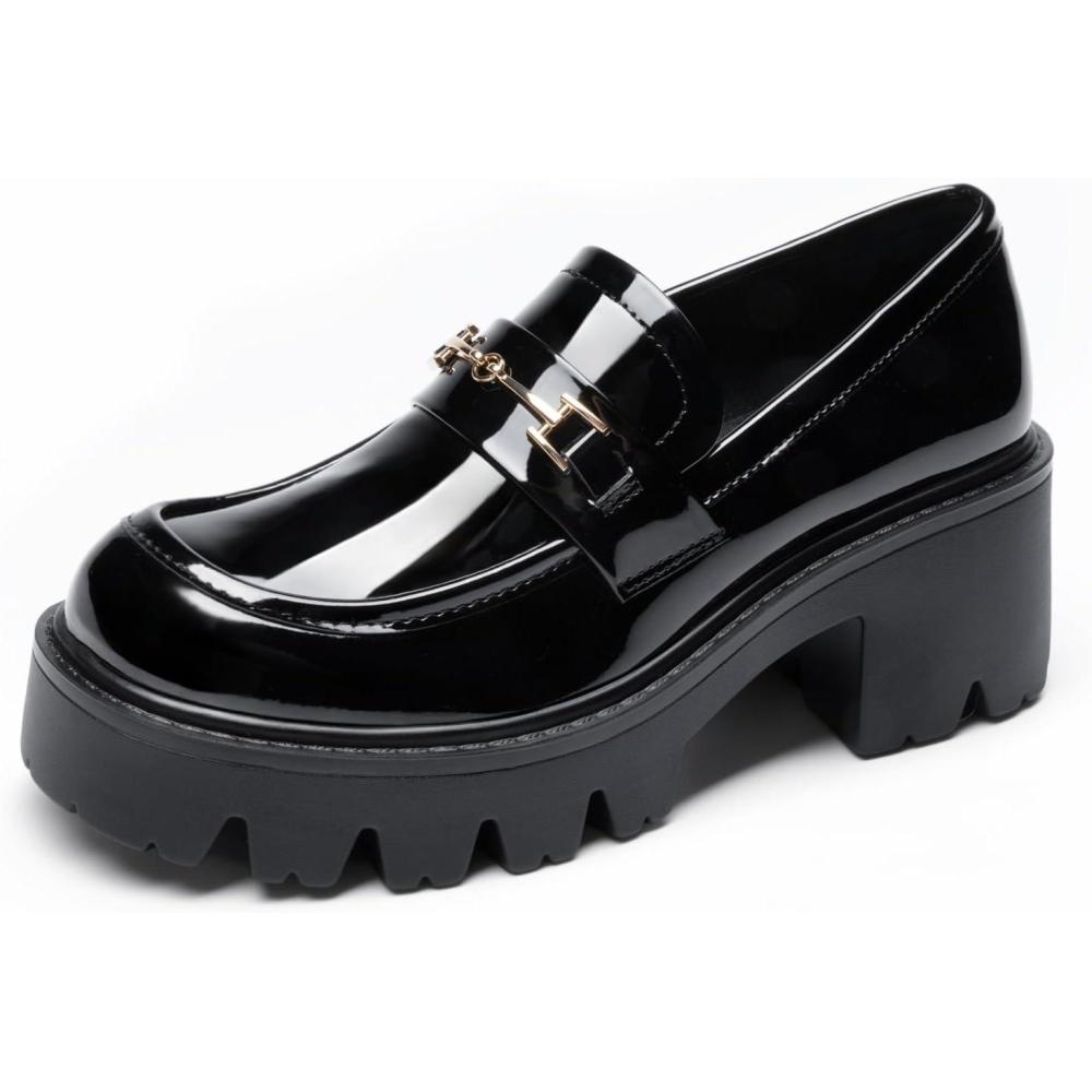 imageWomen Loafers Platform Chunky Heel Slip On Lug Sole Casual Dressy Office Business ShoesBlackpat