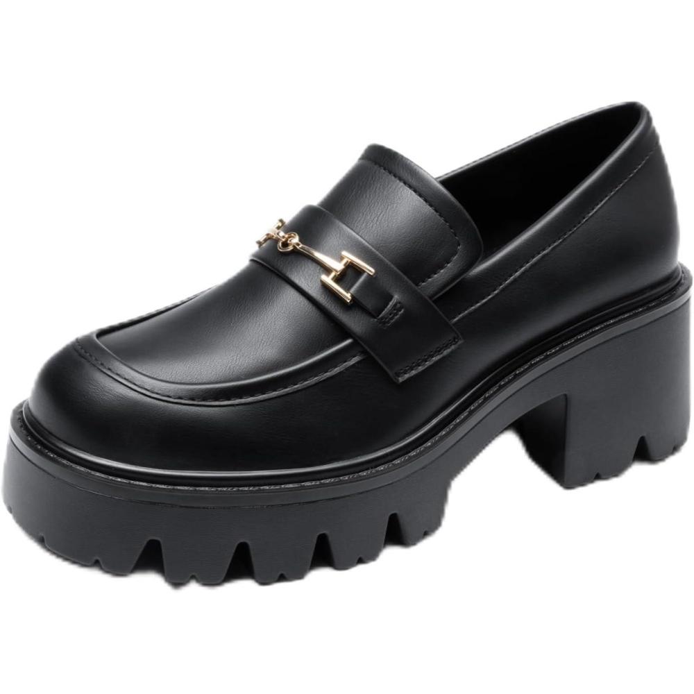 imageWomen Loafers Platform Chunky Heel Slip On Lug Sole Casual Dressy Office Business ShoesBlackpu
