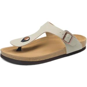 DREAM PAIRS Arch Support Thong Sandals for Women Casual Leather Flip Flops Dressy Slides with Soft Cork Footbed Adjustable Strap for Summer Beach Vacation(Beige)