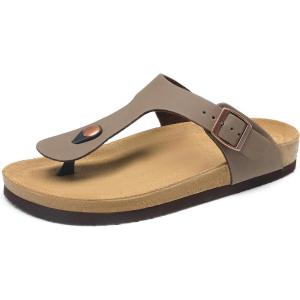 DREAM PAIRS Arch Support Thong Sandals for Women Casual Leather Flip Flops Dressy Slides with Soft Cork Footbed Adjustable Strap for Summer Beach Vacation(Brown)