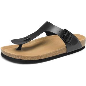 DREAM PAIRS Arch Support Thong Sandals for Women Casual Leather Flip Flops Dressy Slides with Soft Cork Footbed Adjustable Strap for Summer Beach Vacation(Black)