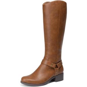 DREAM PAIRS Boots For Women Knee High, Comfortable Pull On Side Zipper Buckle Riding Boots(Brown)