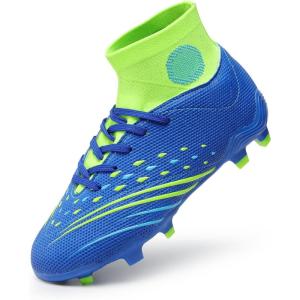 DREAM PAIRS Boys Girls Football Cleats Youth Firm Groud Outdoor Trainning Athletic Sport High Top Soccer Shoes for Little/Big Kid(Navy/Neon Green)