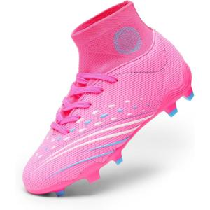 DREAM PAIRS Boys Girls Football Cleats Youth Firm Groud Outdoor Trainning Athletic Sport High Top Soccer Shoes for Little/Big Kid(Pink/Hot Pink)