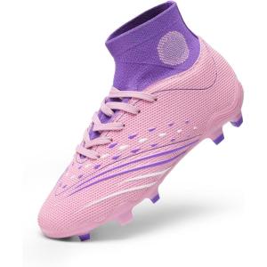 DREAM PAIRS Boys Girls Football Cleats Youth Firm Groud Outdoor Trainning Athletic Sport High Top Soccer Shoes for Little/Big Kid(Pink/Purple)
