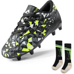 DREAM PAIRS Boys Girls Soccer Cleats Youth Firm Groud Athletic Outdoor Trainning Football Shoes with Soccer Socks(Black/Neon Green)
