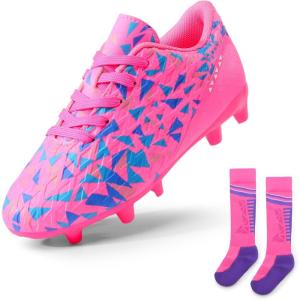 DREAM PAIRS Boys Girls Soccer Cleats Youth Firm Groud Athletic Outdoor Trainning Football Shoes with Soccer Socks(Fuchsia/Pink/Royal/Blue)