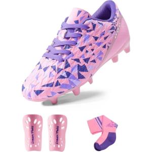 DREAM PAIRS Boys Girls Soccer Cleats Youth Firm Groud Athletic Outdoor Trainning Football Shoes with Soccer Socks(Pink/Light Purple)