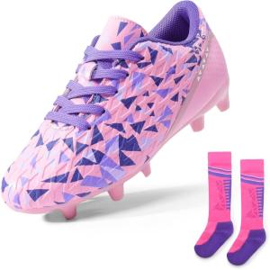 DREAM PAIRS Boys Girls Soccer Cleats Youth Firm Groud Athletic Outdoor Trainning Football Shoes with Soccer Socks(Pink/Purple)