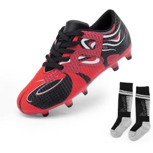 DREAM PAIRS Boys Girls Soccer Cleats Youth Firm Groud Sport Football Cleats with Soccer Socks for Little/Big Kid/Toddler(Red/Black)