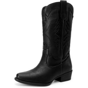 DREAM PAIRS Cowboy Boots for Women Cowgirl Western Mid Calf Boots Snip Toe Embroidered Stitched Low Chunky Heel Pull On Fashion Boots(All Black)