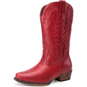DREAM PAIRS Cowboy Boots for Women Cowgirl Western Mid Calf Boots Snip Toe Embroidered Stitched Low Chunky Heel Pull On Fashion Boots(Red)