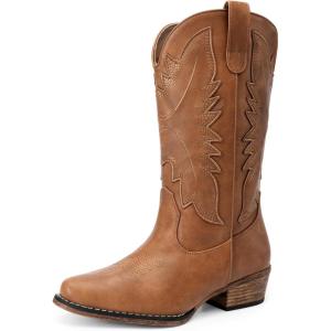 DREAM PAIRS Cowboy Boots for Women Cowgirl Western Mid Calf Boots Snip Toe Embroidered Stitched Low Chunky Heel Pull On Fashion Boots(Tan)