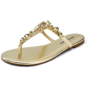 DREAM PAIRS Flip Flops for Women Dressy Rhinestone T-Strap Thong Sandals for Summers Dress Beach(Gold)