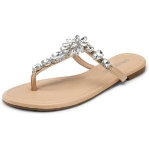 DREAM PAIRS Flip Flops for Women Dressy Rhinestone T-Strap Thong Sandals for Summers Dress Beach(Nude)
