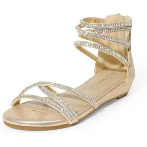 DREAM PAIRS Girls Ankle Strap Flat Sandals Summer Dressy Strappy Gladiator Rhinestones Platform Low Heels Shoes(Gold)