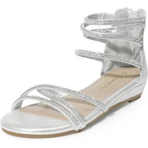 DREAM PAIRS Girls Ankle Strap Flat Sandals Summer Dressy Strappy Gladiator Rhinestones Platform Low Heels Shoes(Silver)