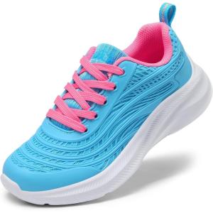 DREAM PAIRS Girls Boys Shoes Kids Lace up Tennis Sparkle Glitter Athletic Running Sneakers(Blue/Hot Pink)