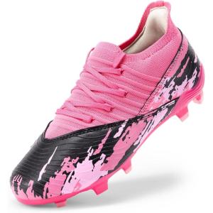 DREAM PAIRS Girls Boys Soccer Cleats Youth Firm Groud Outdoor Sports Athletic Mid-top Football Shoes for Little/Big Kid(Hot Pink/Black)
