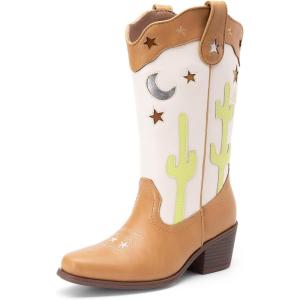 DREAM PAIRS Girls Cowboy Boots Cowgirl Mid Calf Western Boots with Low Heel Square Toe for Little Kid/Big Kid(Beige/Tan)