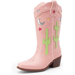 DREAM PAIRS Girls Cowboy Boots Cowgirl Mid Calf Western Boots with Low Heel Square Toe for Little Kid/Big Kid(Pink)