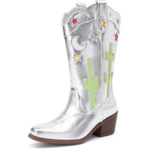 DREAM PAIRS Girls Cowboy Boots Cowgirl Mid Calf Western Boots with Low Heel Square Toe for Little Kid/Big Kid(Silver)
