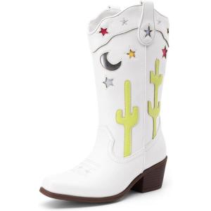 DREAM PAIRS Girls Cowboy Boots Cowgirl Mid Calf Western Boots with Low Heel Square Toe for Little Kid/Big Kid(White)