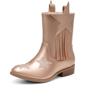 DREAM PAIRS Girls Cowgirl Cowboy Western Mid Calf Tassel Boots(Rose Gold)