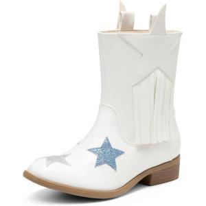 DREAM PAIRS Girls Cowgirl Cowboy Western Mid Calf Tassel Boots(White)