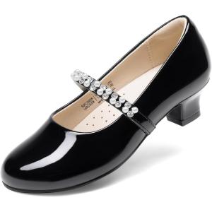 DREAM PAIRS Girls Dress Shoes Low Heels for Little Big Girl Mary Jane Shoes with Pearl Rhinestones Flower Girl Pumps Princess Wedding Party(Black-pat)