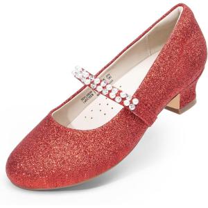 DREAM PAIRS Girls Dress Shoes Low Heels for Little Big Girl Mary Jane Shoes with Pearl Rhinestones Flower Girl Pumps Princess Wedding Party(Red)