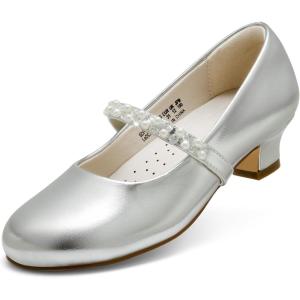 DREAM PAIRS Girls Dress Shoes Low Heels for Little Big Girl Mary Jane Shoes with Pearl Rhinestones Flower Girl Pumps Princess Wedding Party(Silver)