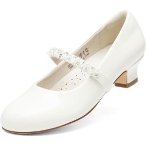 DREAM PAIRS Girls Dress Shoes Low Heels for Little Big Girl Mary Jane Shoes with Pearl Rhinestones Flower Girl Pumps Princess Wedding Party(White-pat)